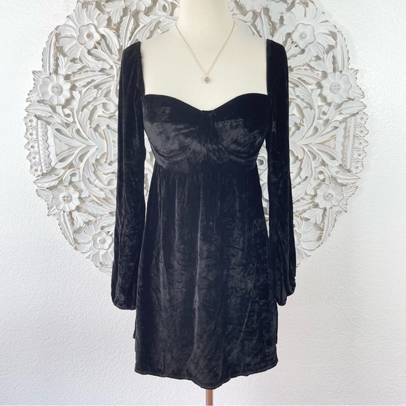 {Reformation} Black Chestnut Silk Velvet Babydoll Dress, Size 0 - Picture 2 of 12